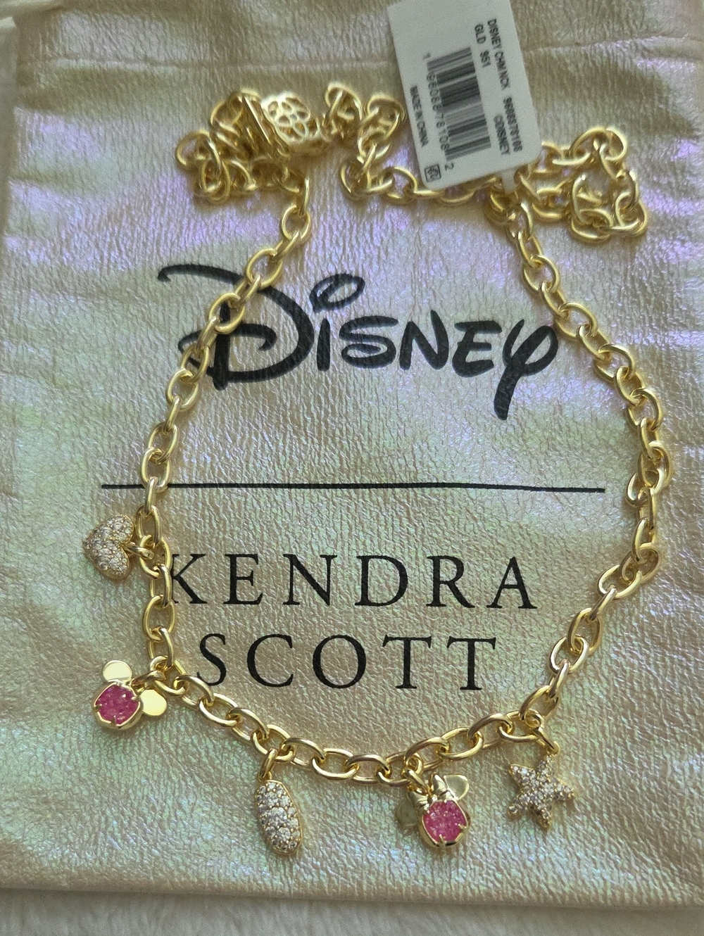 DISNEY X KENDRA SCOTT MICKEY & MINNIE MOUSE GOLD CHARM NECKLACE IRIDESCENT PINK
